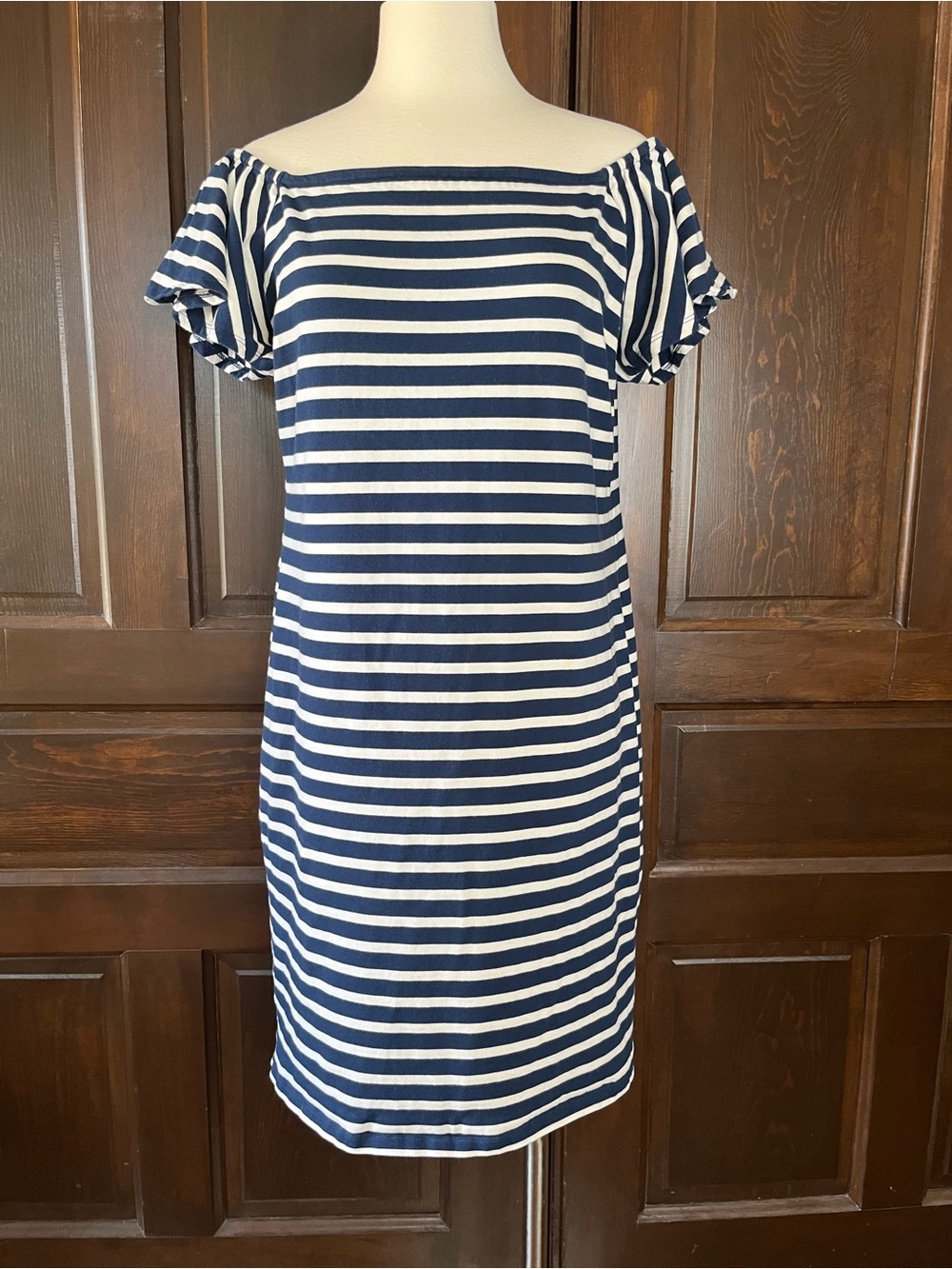 Lauren Ralph Lauren Off the Shoulder Striped Cotton Dress Navy Coastal Size L